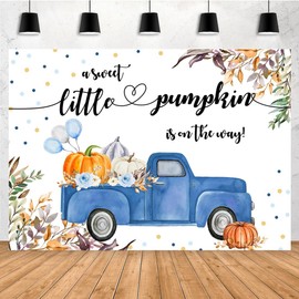 Aperturee Little Pumpkin Baby Shower Decorations Backdrop 9x6ft A Little Sweet Pumpkin is On The Way Blue Truck Leaves Balloons It's a Boy Photography Background Fall Autumn Party Banner Photo Booth…