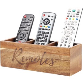 COOLEX Remote Control Holder, Acacia Wooden Pencil Holder TV Remote Holder with 3 Compartments, Remote Caddy for Table, Small Desktop Organizer for Home Office