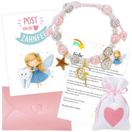 Snyvpra Tooth Fairy Gifts Girls, Tooth Fairy Postcard Pearl Bracelet Milk Tooth Surprise Gifts, Colourful Bracelets and Fabric Bag, for Birthday, Christening, Christmas, Courage for Daughter, Niece