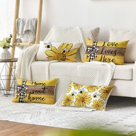 AVOIN colorlife Home Sweet Home Bee Sunflower Throw Pillow Covers, 12 x 20 Inch Love Lives Here Spring Summer Stripes Cushion Case for Sofa Couch Set of 4