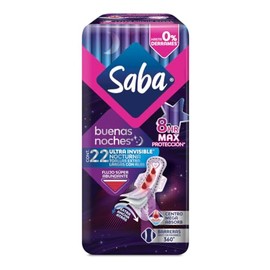 Saba Ultra Invisible Buenas Noches, toallas nocturnas con alas, flujo súper abundante, 22 piezas