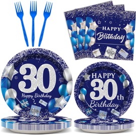 96 Pcs 30th Birthday Party Supplies Navy Blue and Silver Birthday Plates 30th Birthday Paper Tableware Happy Birthday Party Plates and Napkins Forks Blue Birthday Table Decorations for 24 Guests