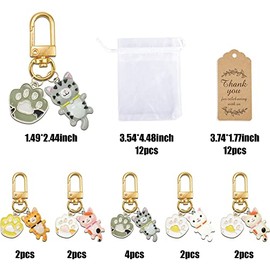 Paquete de 12 recuerdos de fiesta de gato, lindo llavero colgante de gato con bolsas de organza, etiquetas kraft de agradecimiento para regalos de fie