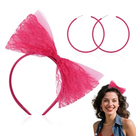 Tofwaol Halloween 80s Accessories for Women Neon Pink Lace Bow Headband and 80 s Earrings for Women Retro 80s Outfits for Woman Vintage Large Bow Hair Band and 80 s Hoop Earrings for Woman1980s