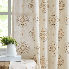 jinchan Boho Linen Curtains 63 Inch Length Embroidery Floral Country Farmhouse Curtains for Living Room Rustic Rod Pocket Back Tab Light Filtering Drapes for Bedroom Taupe 2 Panels