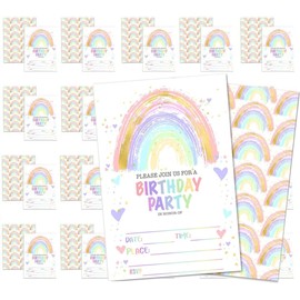 40 Pcs Birthday Party Invitation Cards,Rainbow Happy Birthday Party Celebration Invites,20 Cards With 20 Envelopes