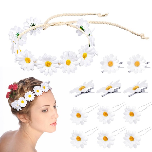 TIESOME Flower Headband, Women's Sunflower Headband, Flower Hair Wreath, Bridal Headpiece, Hair Band (1 x Daisy Headband, 5 x Hair Pins, 6 x Hair Forks) for Wedding, Birthday, Party (White)