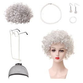 ZHUXILUDAO Old Lady Play Set, Granny Wig Hat, Old Lady Costume Accessories, Old Lady Wig (7 pieces set) (Silver)