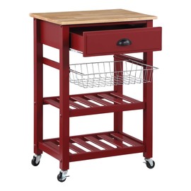 OSP Home Furnishings Hampton Kitchen Cart with Wood Top, Utensil Drawer, Under Cabinet Basket, and 2 Slatted Shelves, Red Base