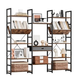 NUMENN Bookcases and Bookshelves Triple Wide 5 Tier Bookshelf, Large Etagere Bookshelf with Storage Drawer, Adjustable Open Display Shelves for Living Room Bedroom Home Office, Vintage Brown