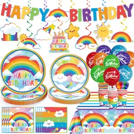 cocomigo Cocomigo 179pcs Rainbow Birthday Decorations for Kids, Includes 300gsm Sturdy Plates and 2 Tablecloths Balloons Rainbow Happy Birthday Banner for Colorful Parties and Celebrations
