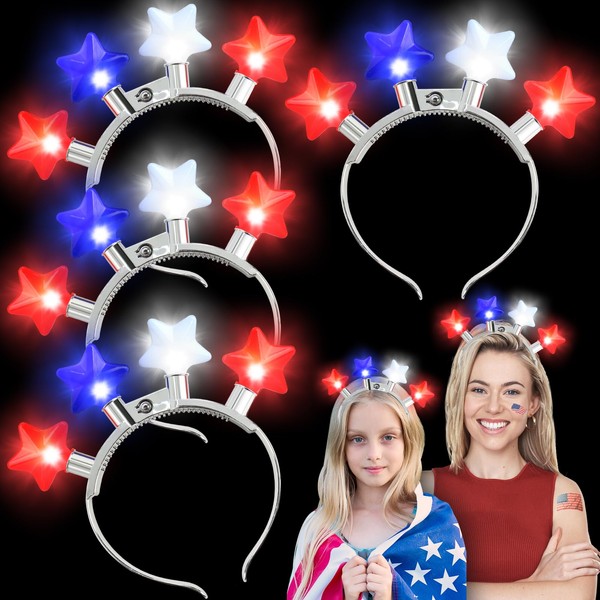 SURCVIO 4th of July Accessories 4 Pack Party Accessories Headband Light Up Red Blue White American Flag Star Headband Female Male, 4th of July National Independence Day Party Supplies Decorations