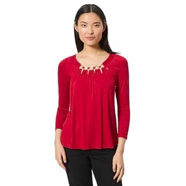 3/4 Sleeve Boat Neck Metal Ring Detail Top Jet Black (US, Alpha, Small, Regular, Regular, Jester Red)