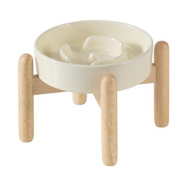 Havniva 6.1inch Ceramic Raised Dog Slow Feeder Set, Elevated Bowl with Wooden Stand for Small Dog and Cat, Puzzle Slow Dog Food Dish, Anti-Gulping(Beige, Single Bowl+ Stand)