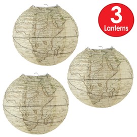Beistle 3 Piece Bon Voyage Around The World Party Decorations Travel Themed Hanging Paper Lanterns, 15.5", Tan/Brown/Black