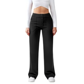 JEKAOYI Womens Casual High Waist Straight Leg Pants Stretchy Button Business Dress Work Pocket Trousers Black