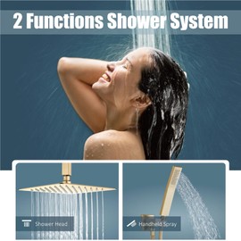 Aolemi Ceiling Mount Shower System Rain Shower Head with Handheld Spray Shower Faucet Set Rough-in Valve Shower Trim Included Bathroom Push Button Diverter Brushed Gold 12 Inch Ceiling Shower Head