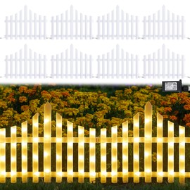 Hopolon 8 Pack 36LED Lighted Garden Fence,13.7x11.8inch Christmas Tree Fence Lights Plug in,8 Modes White Plastic Edgings Picket Decorative Fence for Landscape Patio Yard Path Home Xmas,Warm White