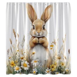 Spring Bunny Yellow Floral Shower Curtain Cute Easter Rabbit Watercolor Flower Nature Plant Rustic Farmhouse Fabric Bathroom Curtain Set with Hook