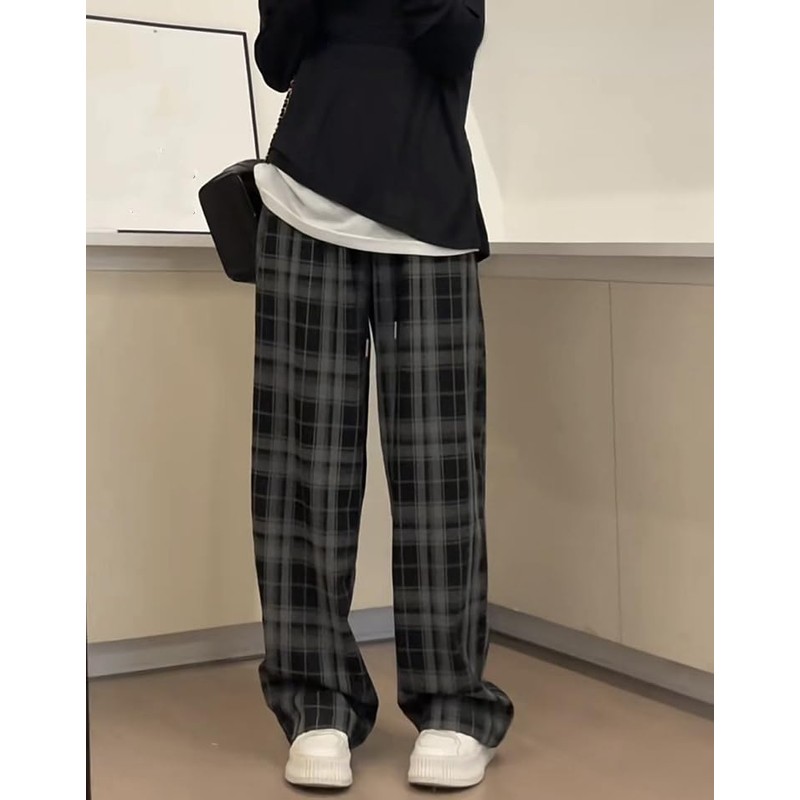 Grunge Lounge Pants Vintage Clothes Goth Emo Plaid (Grey2, L,