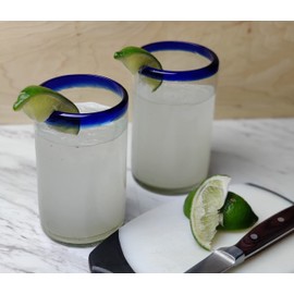 Dos Sueños Hand Blown Mexican Drinking Glasses - Set of 6 Glasses with Cobalt Blue Rims (14 oz each)