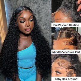 34 Inch 13x4 Deep Wave Lace Front Wigs Human Hair 200 Density HD Lace Frontal Human Hair Wigs for Women Curly Glueless Wigs Human Hair Pre Plucked with Baby Hair Natural Black