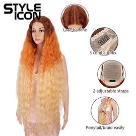 Style Icon 41" Ombre Orange Yellow Lace Front Wigs Long Wavy Synthetic Wigs with Baby Hair Half Hand Tied 130% Density Wigs (41", GT 130E/OR4/YEW6)