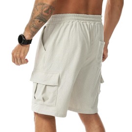 Surenow Mens Cargo Corduroy Shorts Running Breathable Summer Beach Shorts Elastic Waistband Drawstring Casual Shorts Beige