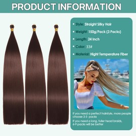 Locescsoc 24 Inch Straight Hair Extensions 150 g 3 Packs Bone Straight Braiding Hair, Brown Ariel Straight Ponytail Hair Bundles, Ombre Soft Synthetic Crochet Box Braids for Women (33#)