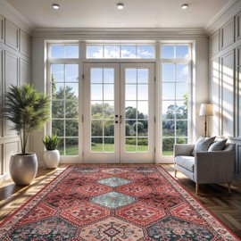 CAMILSON Printed Living Room Rugs Oriental Retro Vintage Area Rug 8x10 Non-Shedding Ultra Thin Super Strong Stain Resistant Indoor Carpet for Hallway Kitchen Office (8 x 10 / Rust Red)