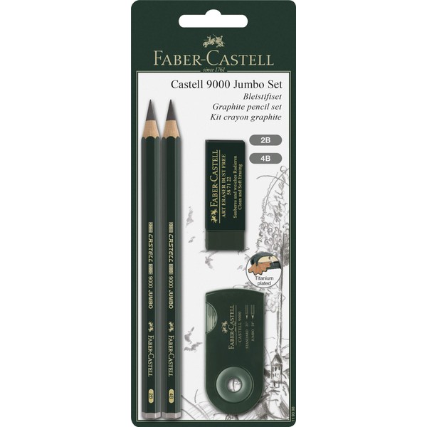Faber-Castell 4 Piece Quality Castell 9000 Jumbo Graphite Pencils Blister Card Set, Including 2B, 4B, Double Hole Sharpening Box for Standard and Jumbo Black Lead Pencils and a, Dust-Free Vinyl Eraser