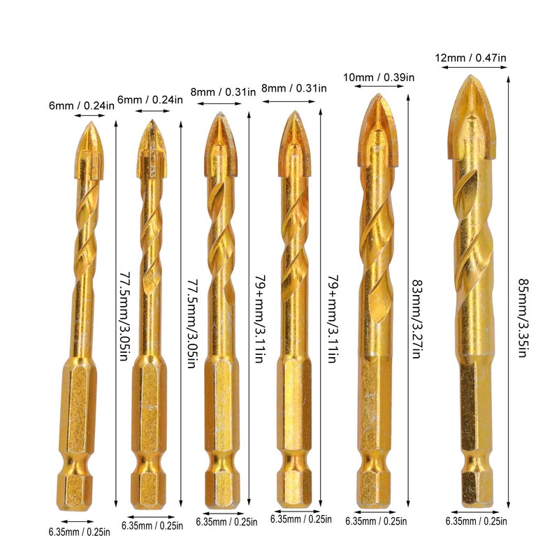 6Pcs Cross Spearhead Drill Bit Carbide Hex Shank Drilling Tool
