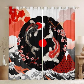 Feelyou Japanese Koi Fish Curtains for Bedroom (2 Panels, 52 x 63 Inch) Cherry Blossoms 30%-50% Blackout Curtains Boys Girls Japanese Wave Home Decor Darkening Drapes Japanese-Style Window Treatments