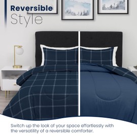 Martex 3-Piece Reversible Comforter Set – Full/Queen Comforter Set – for Full Size Bed & Queen Size Bed - Versatile Room Decor – Durable Bedding Set – Machine Washable – Super Soft – Navy Check