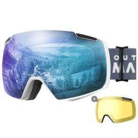 OutdoorMaster Heron Ski Goggles with 2 Lens, Frameless, Magnetic Interchangeable HD Toric Lens, OTG Snowboard Goggles(WhiteFrame IceBule Vlt 36% + YellowLens)