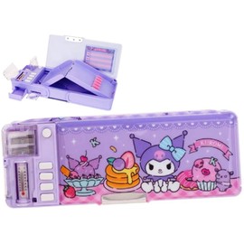 Ellon Kawaii Kuromi Devil Melody 2-Sided Pencil Pen Box Holder Deluxe Case Multi Functional Organizer w/ 2-Sharpeners Glitter Patterns Vintage Kit Supplies
