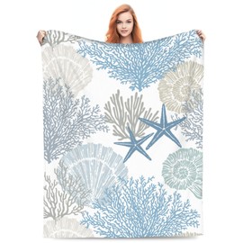 VODRM Nautical Coastal Blanket Starfish Seashell Coral Beach Themed Throw Blankets Gifts for Adults Sea Ocean Theme Lightweight Soft Fleece Cozy for Sofa Couch Bed Room Birthday Decor 60x80in