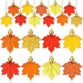 JULMELON 24 Pcs Fall Thanksgiving Maple Leaf Ornaments Tree Decorations Fall Autumn Mini Maple Hanging Ornaments with Rope Glitter Maple Pendant for Farmhouse Rustic Party Favors Supplies