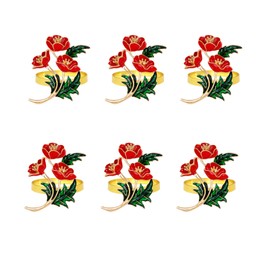 WUYUNTAI Red Poppy Napkin Ring 6 PCS Napkin Rings Metal Napkin Ring Floral Napkin Ring Thanksgiving,Christmas,Family Gather,Table Decoration