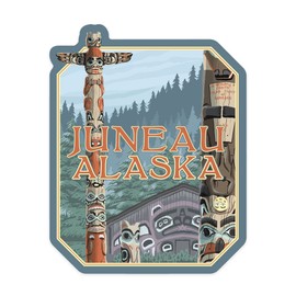 Die Cut Sticker Juneau, Alaska, Alaska Totem Poles, Contour Vinyl Sticker 1 to 3 inches (Waterproof Decal for Cars, Water Bottles, Laptops, Coolers), Small