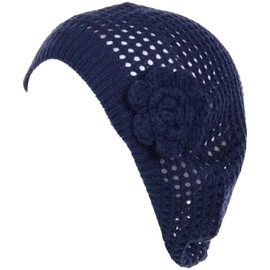 BYOS - Gorro de ganchillo para mujer, Red con flor-azul marino, Talla única