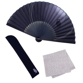 Osaka Choseido Folding Fan, Men's, Stylish, Business, Fan Bag, Handkerchief Included, Lucky, navy