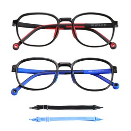 LAMBBAA 2 Pack Kids Blue Light Blocking Glasses, Computer Glasses with Rope, Anti Blurry and Eyestrain, Cut UV400 Anti Glare for Children Age 3-12 (Black Red, Black Blue)