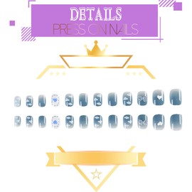 ookizom 24 Pcs Press on Nails Short with Flash Crystal Accessories, Fake Nails Coffin, False Nails with Glue Acrylic Nails for Women and Girls (Clear Sky)