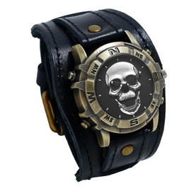 JewelryWe Men's Leather Skull Watches: Analogue Quartz Wristwatch Gothic Punk Skull Case Bullet Curb Chain Watch with Wide Leather Strap, Silver Skull - Black, Unit size, Vintage punk