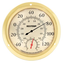 REOTEMP WTH6B Wall Thermometer Hygrometer, Analog, 5.75" Polished Metal Brass and Glass, Humidity and Temperature Monitor