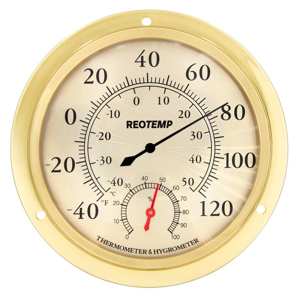 REOTEMP WTH6B Wall Thermometer Hygrometer, Analog, 5.75" Polished Metal Brass