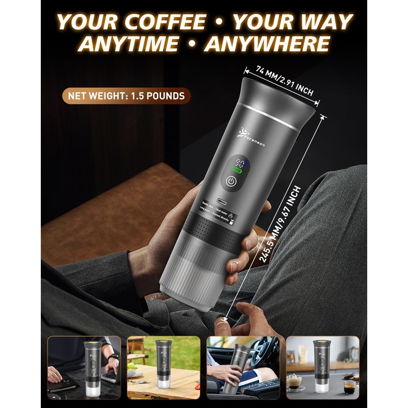 Yorenson Portable Coffee Maker for Travel,Self-Heating Espresso Machine with USB-C,LED