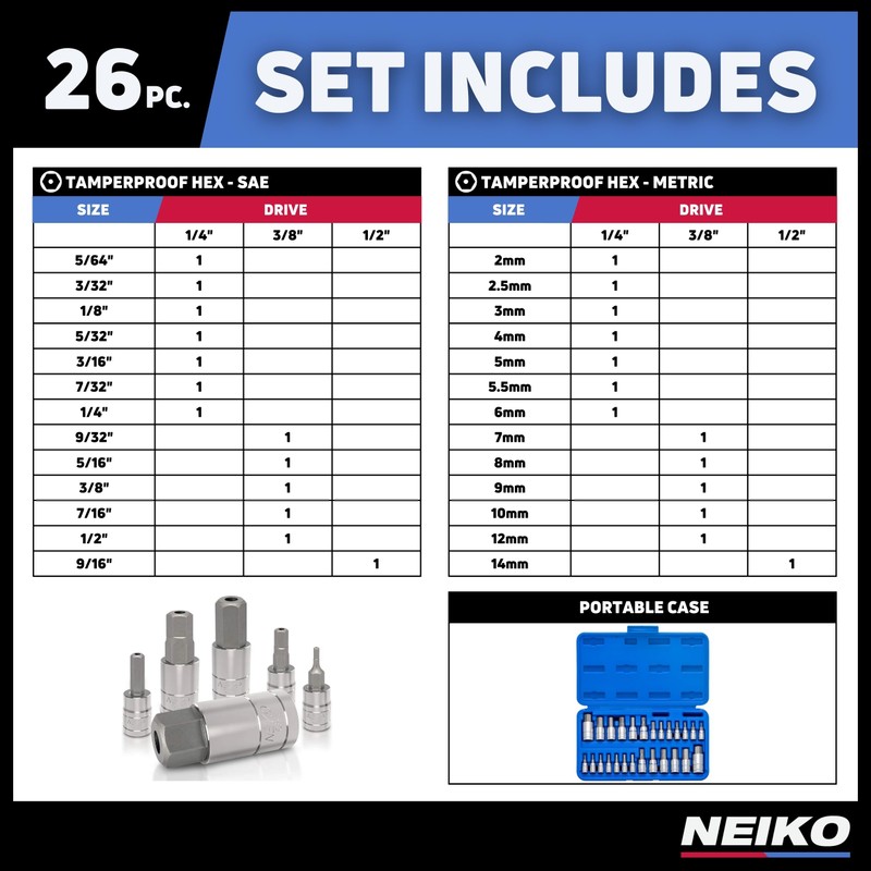 Neiko 01144A Tamper-Proof Hex Bit Socket Set, 26 Pieces |