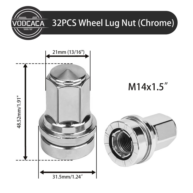 32PCS Wheel Lug Nut (Chrome) of 14x1.5 Lug Nuts Fit